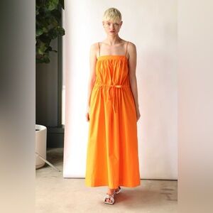 Ganni Gathered Cotton Poplin Midi Dress Orange Size Small 4